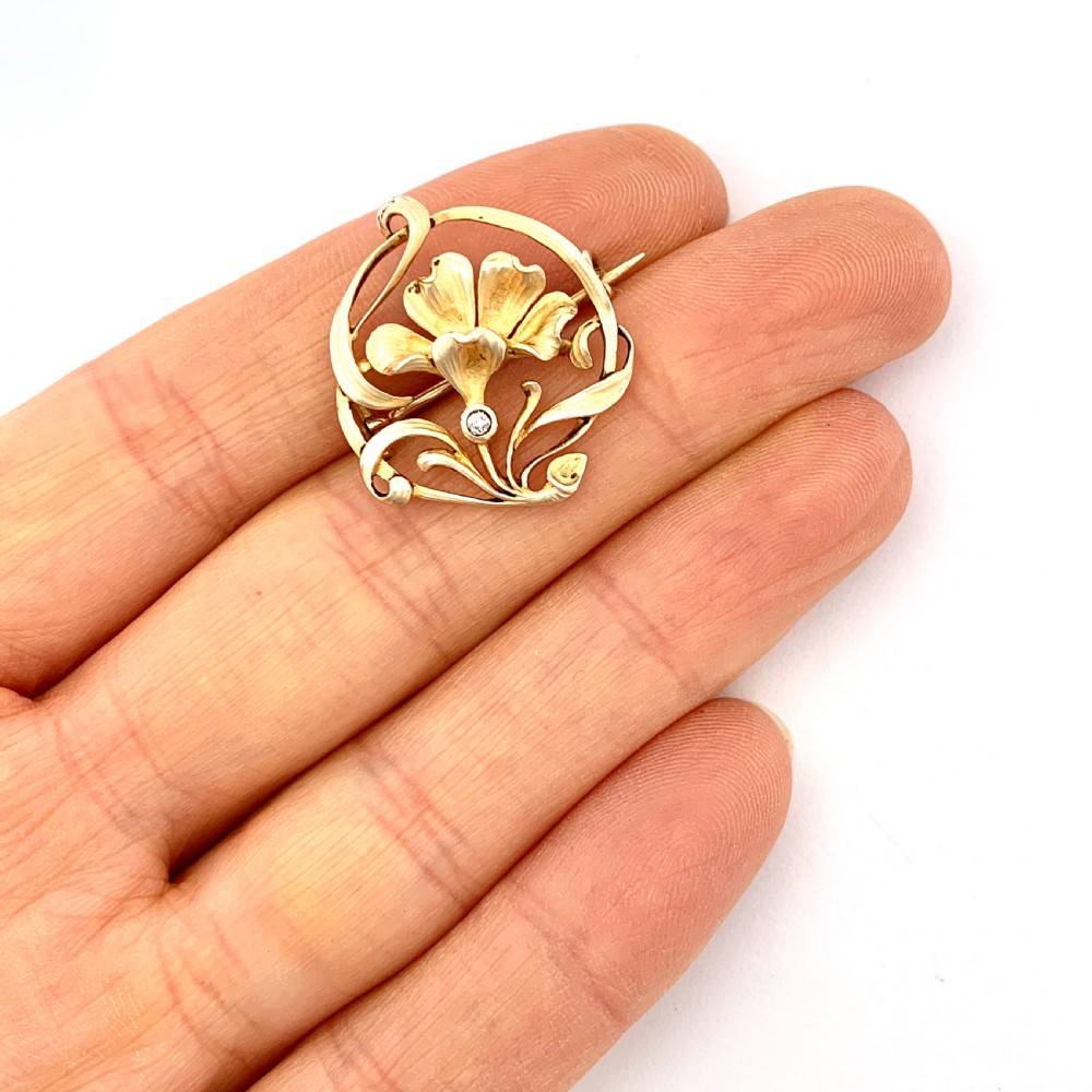 Art Nouveau 14CT Gold Diamond Flower Brooch View IV