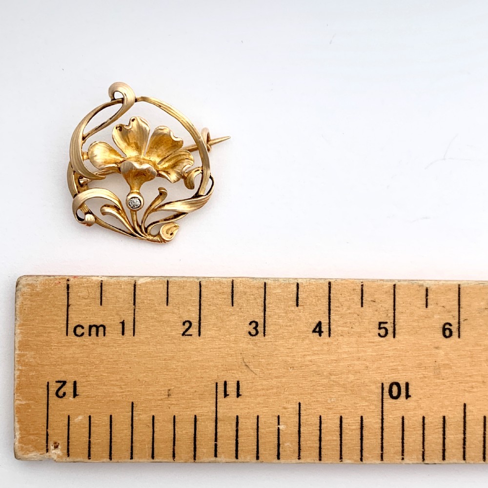 Art Nouveau 14CT Gold Diamond Flower Brooch View V