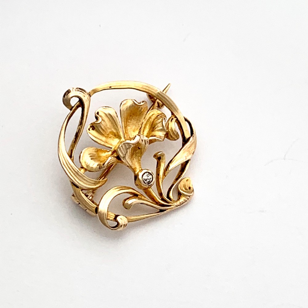 Art Nouveau 14CT Gold Diamond Flower Brooch View VI