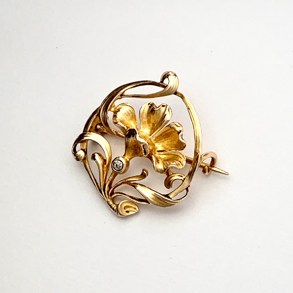 Art Nouveau 14CT Gold Diamond Flower Brooch View VII