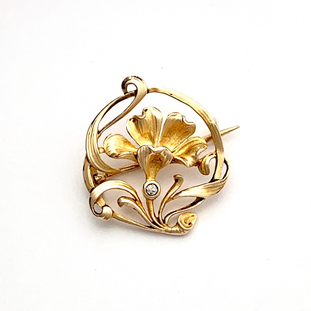 Art Nouveau 14CT Gold Diamond Flower Brooch View VIII