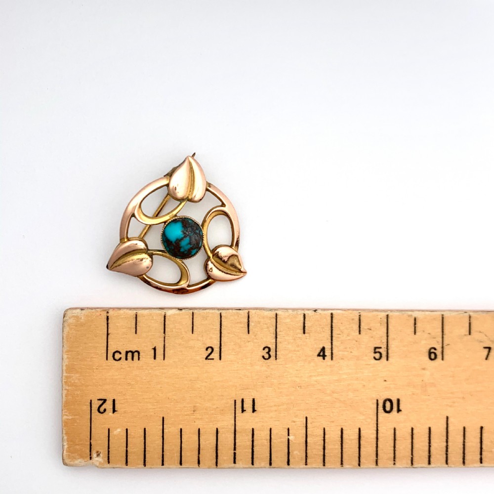 RESERVED for SP • Arts and Crafts Rose Gold Turquoise Leaf Brooch View II