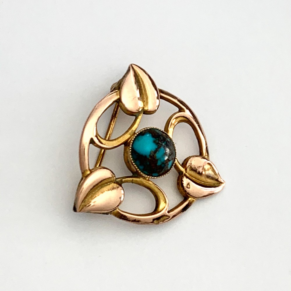 RESERVED for SP • Arts and Crafts Rose Gold Turquoise Leaf Brooch View III