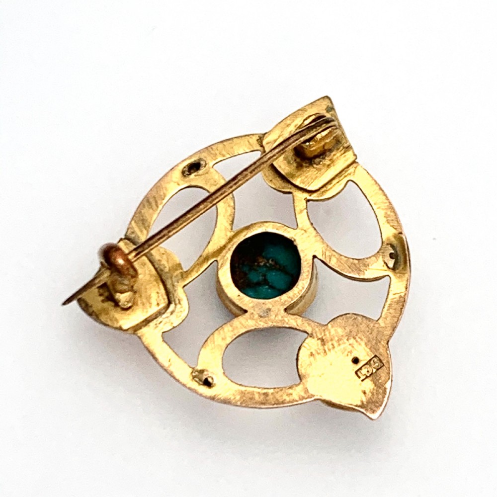 RESERVED for SP • Arts and Crafts Rose Gold Turquoise Leaf Brooch View IV