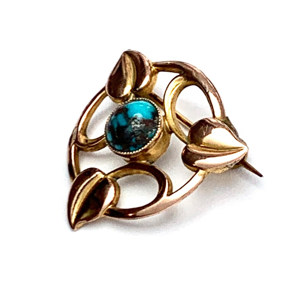 RESERVED for SP • Arts and Crafts Rose Gold Turquoise Leaf Brooch View V