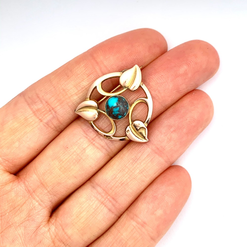 RESERVED for SP • Arts and Crafts Rose Gold Turquoise Leaf Brooch View VI