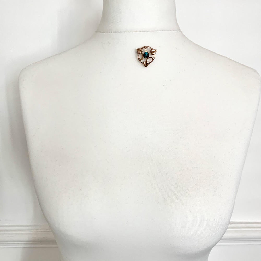 RESERVED for SP • Arts and Crafts Rose Gold Turquoise Leaf Brooch View VII