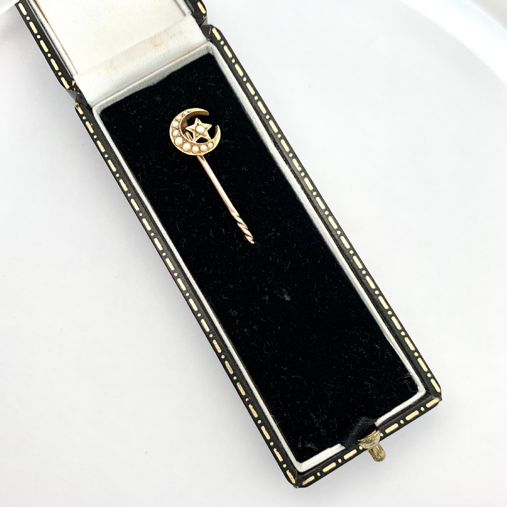 Antique 18CT Gold, Pearl Crescent Moon and Star Stick Pin Brooch