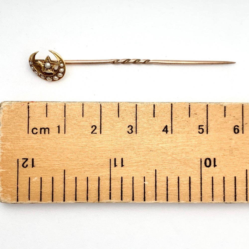 Antique 18CT Gold, Pearl Crescent Moon and Star Stick Pin Brooch View II