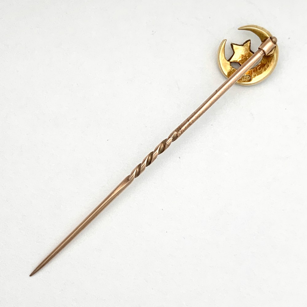 Antique 18CT Gold, Pearl Crescent Moon and Star Stick Pin Brooch View III