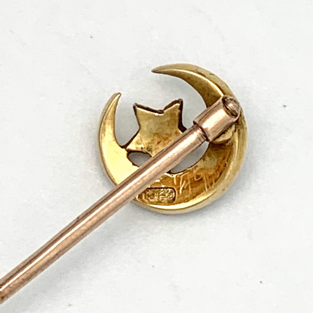 Antique 18CT Gold, Pearl Crescent Moon and Star Stick Pin Brooch View IV