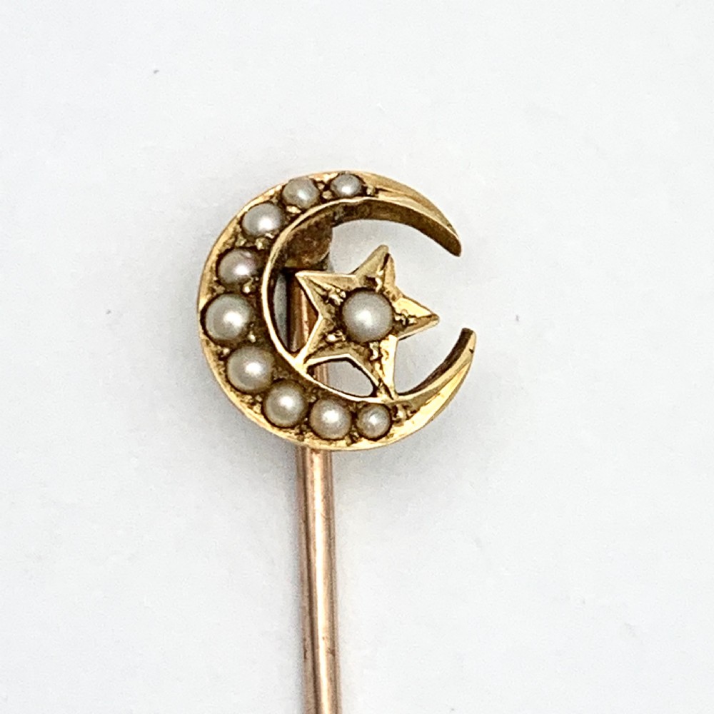 Antique 18CT Gold, Pearl Crescent Moon and Star Stick Pin Brooch View V