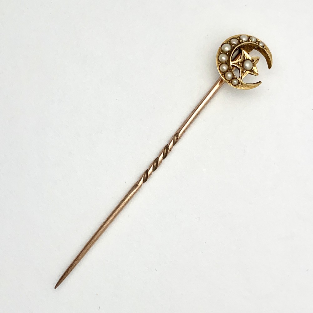 Antique 18CT Gold, Pearl Crescent Moon and Star Stick Pin Brooch View VI