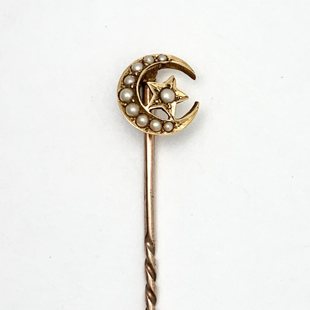 Antique 18CT Gold, Pearl Crescent Moon and Star Stick Pin Brooch View VII