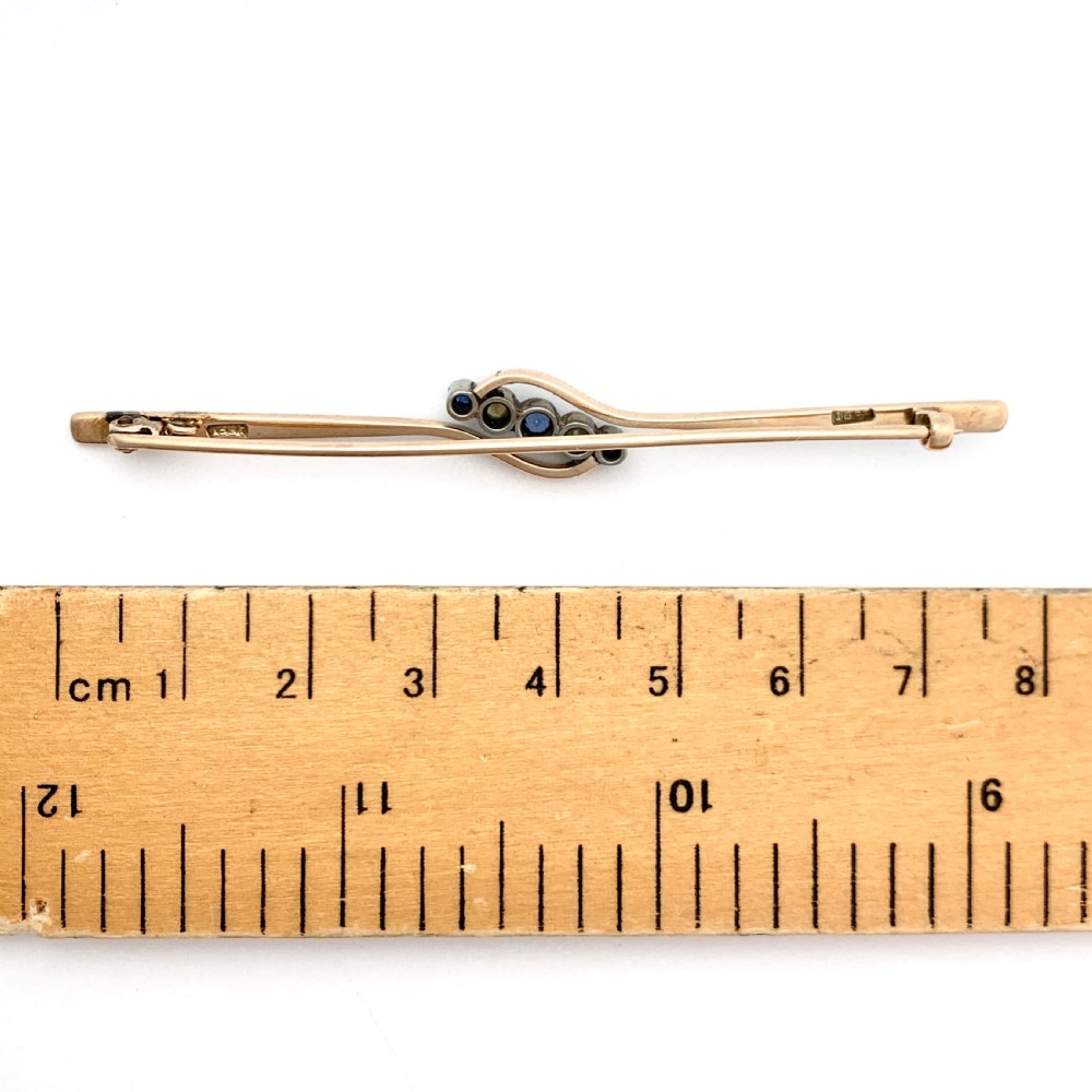 Art Deco 15CT Gold Sapphire and Seed Pearl Brooch View V