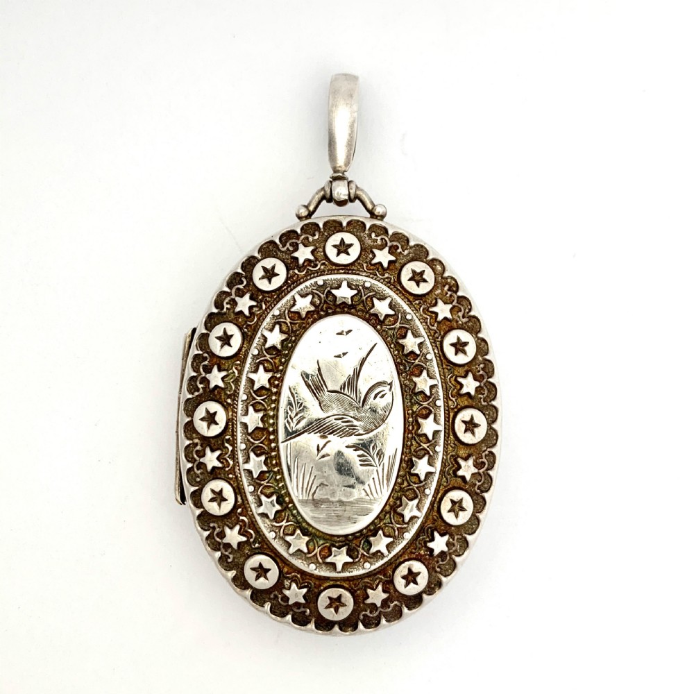 Large Victorian Sterling Silver Swallow Locket Pendant