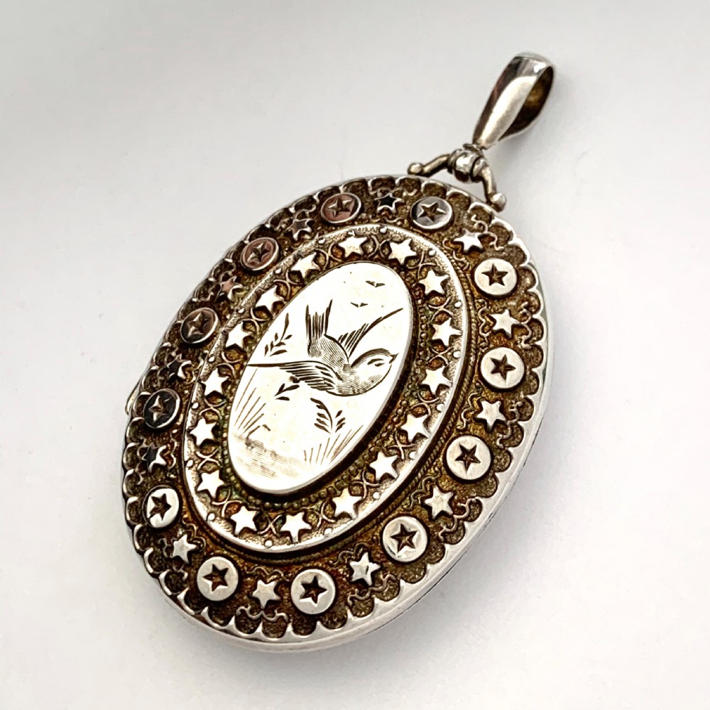 Large Victorian Sterling Silver Swallow Locket Pendant View II