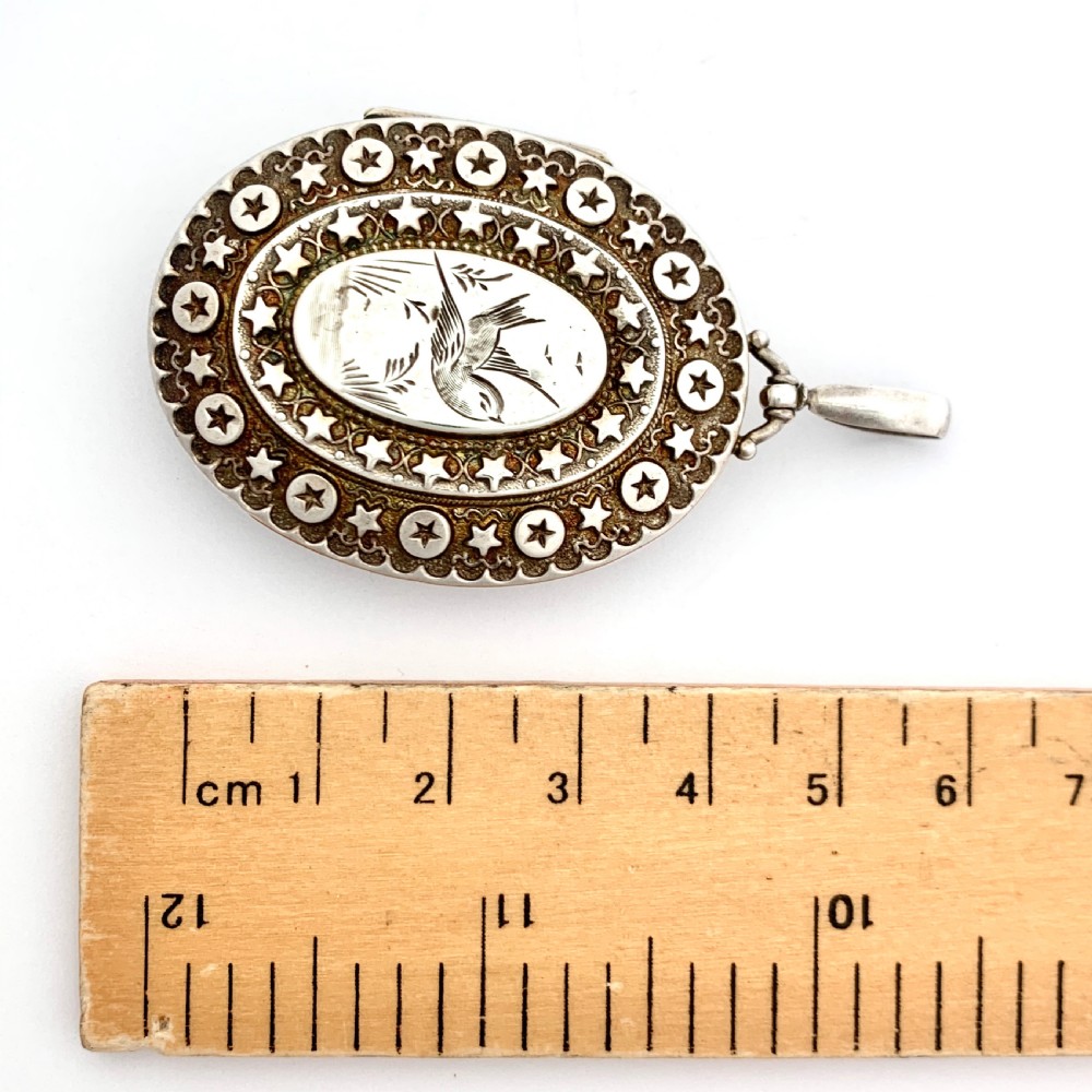Large Victorian Sterling Silver Swallow Locket Pendant View VIII