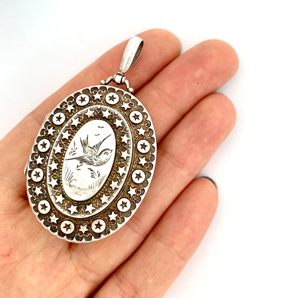 Large Victorian Sterling Silver Swallow Locket Pendant View IX