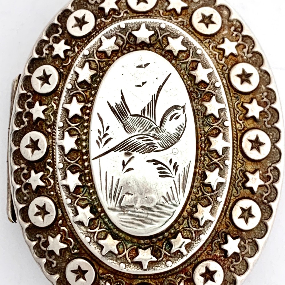 Large Victorian Sterling Silver Swallow Locket Pendant View X