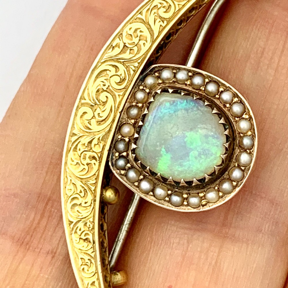 Antique 15CT Gold Opal and Seed Pearl Crescent Brooch View II
