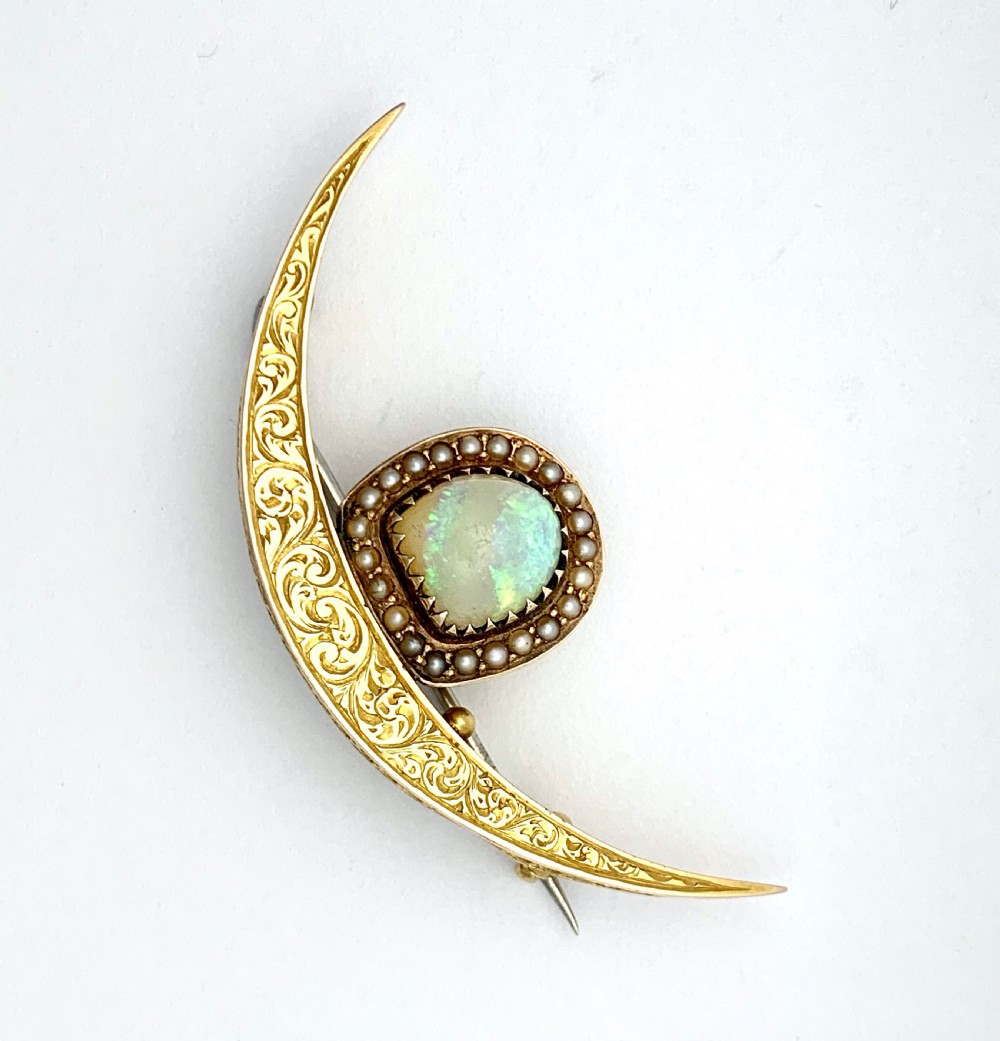 Antique 15CT Gold Opal and Seed Pearl Crescent Brooch View III