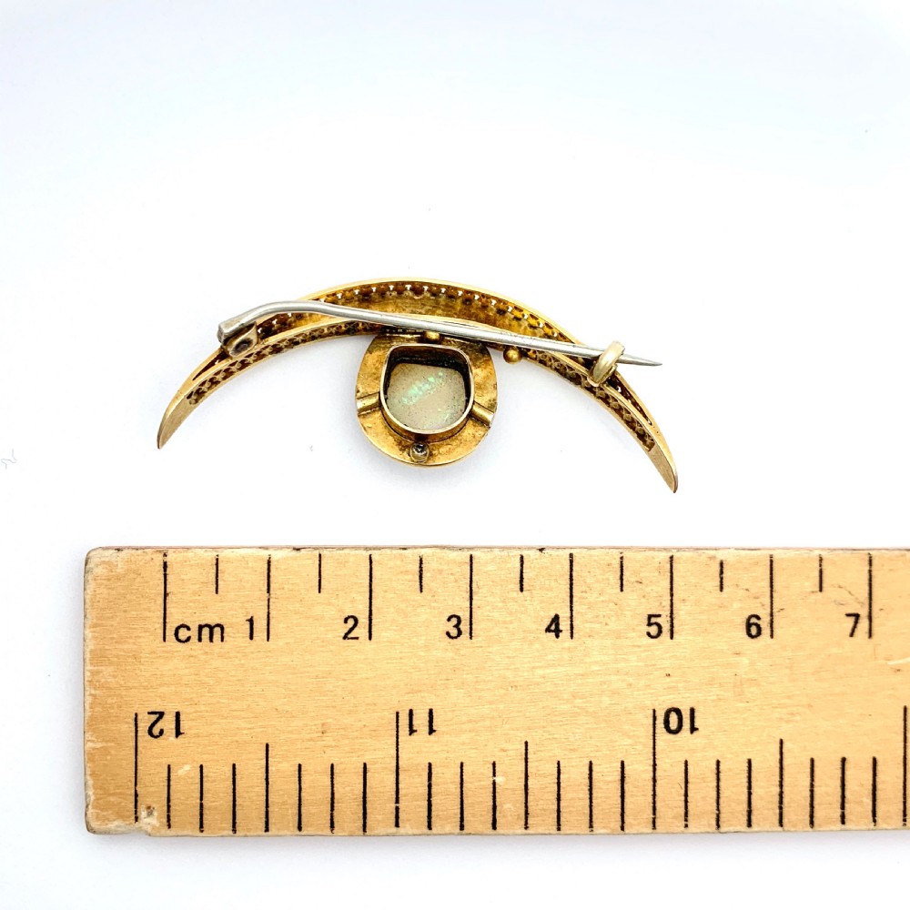 Antique 15CT Gold Opal and Seed Pearl Crescent Brooch View V