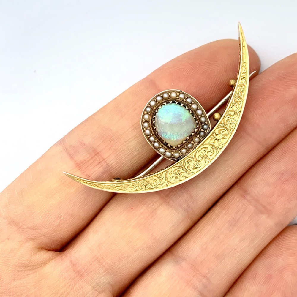 Antique 15CT Gold Opal and Seed Pearl Crescent Brooch View VI