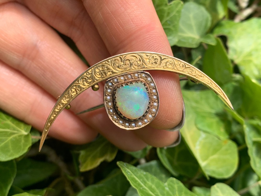 Antique 15CT Gold Opal and Seed Pearl Crescent Brooch View VII