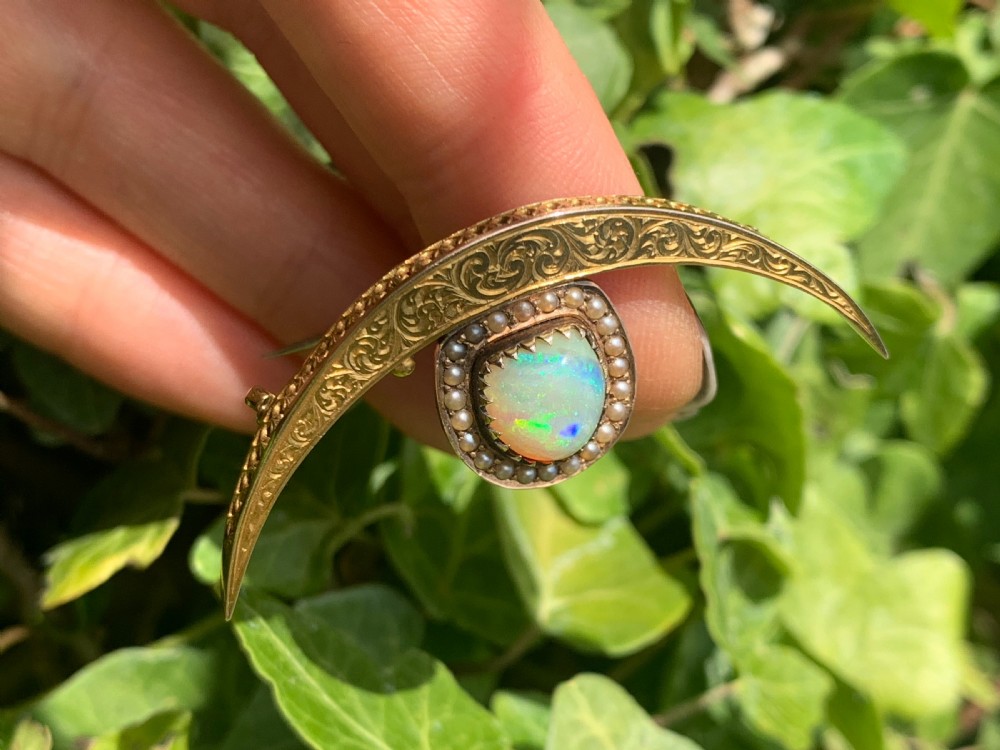 Antique 15CT Gold Opal and Seed Pearl Crescent Brooch View IX