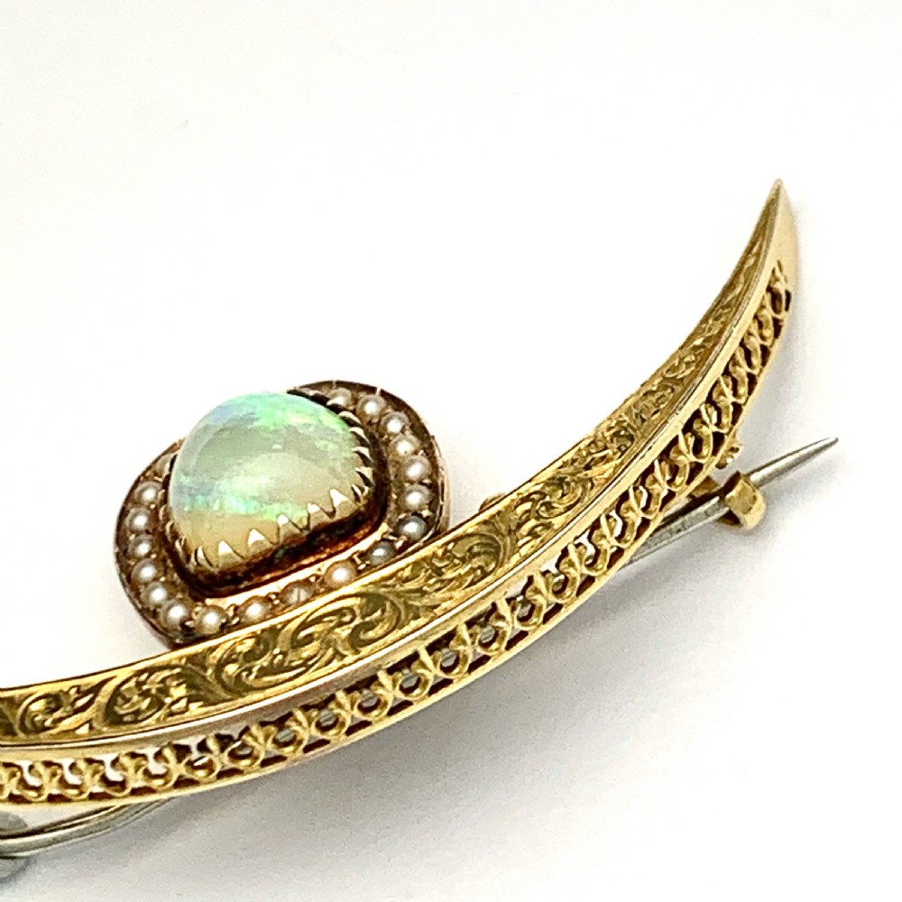Antique 15CT Gold Opal and Seed Pearl Crescent Brooch View X