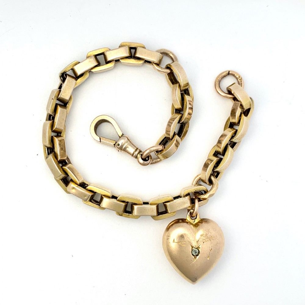1896 Victorian 9CT Gold Puffy Heart Charm Bracelet with Dog Clip