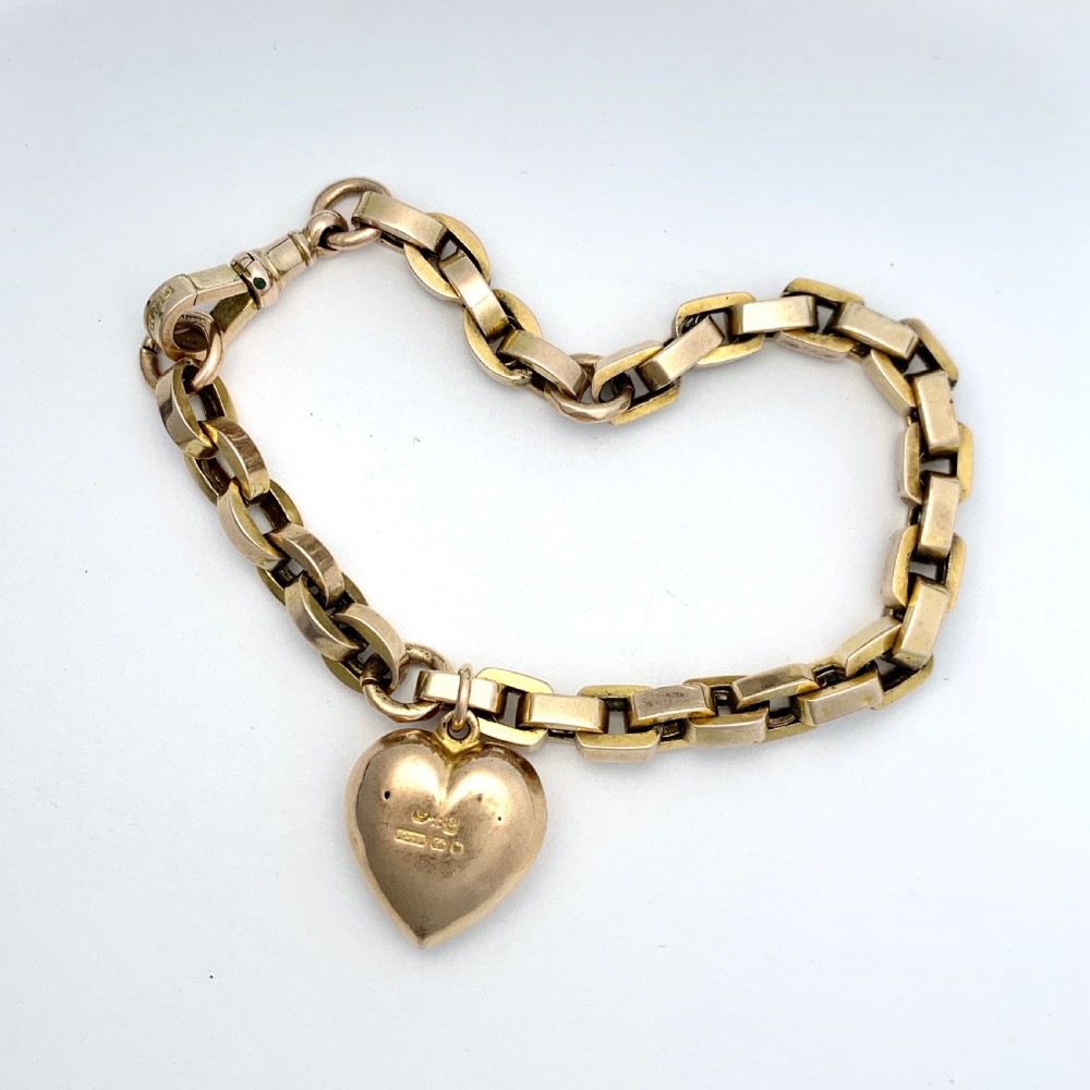 1896 Victorian 9CT Gold Puffy Heart Charm Bracelet with Dog Clip View II