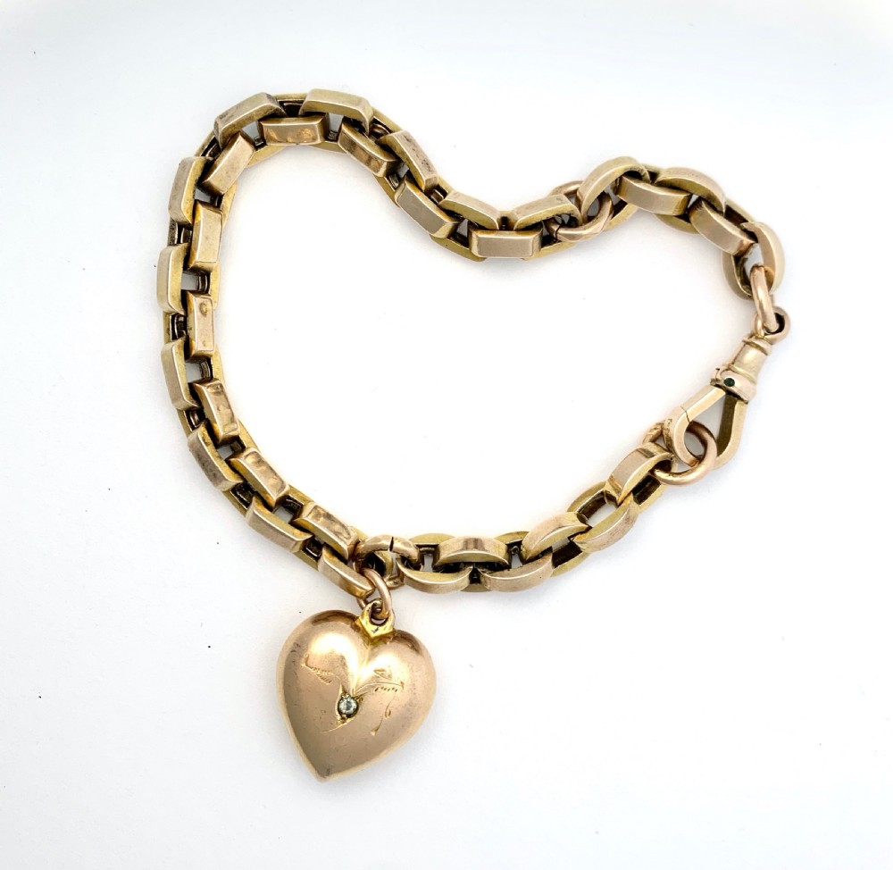 1896 Victorian 9CT Gold Puffy Heart Charm Bracelet with Dog Clip View III