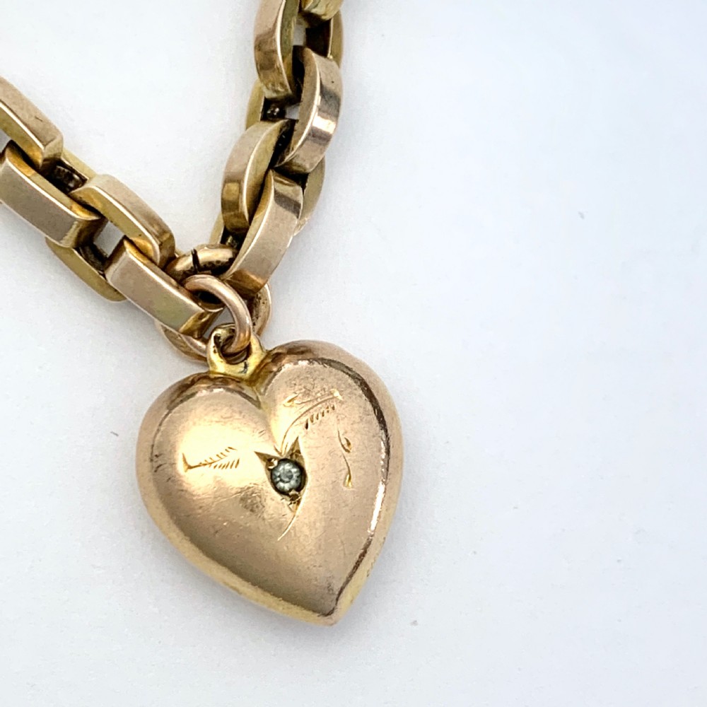 1896 Victorian 9CT Gold Puffy Heart Charm Bracelet with Dog Clip View IV