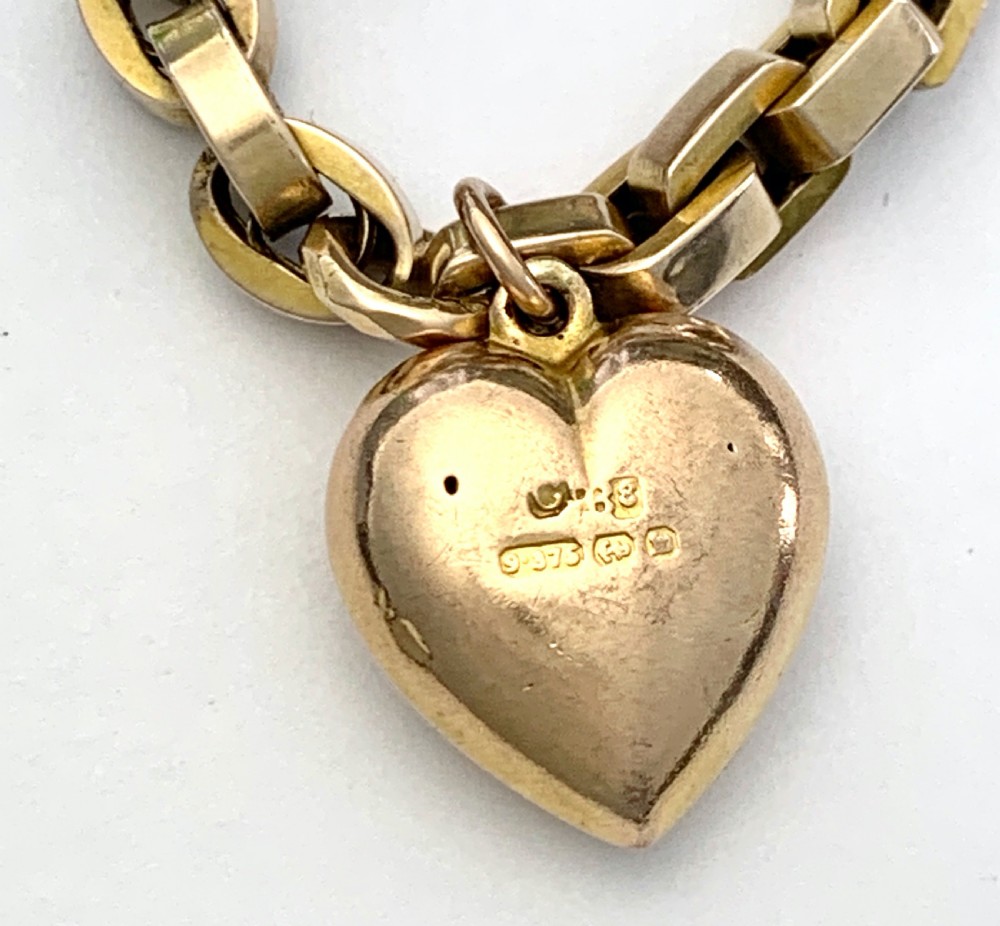 1896 Victorian 9CT Gold Puffy Heart Charm Bracelet with Dog Clip View V