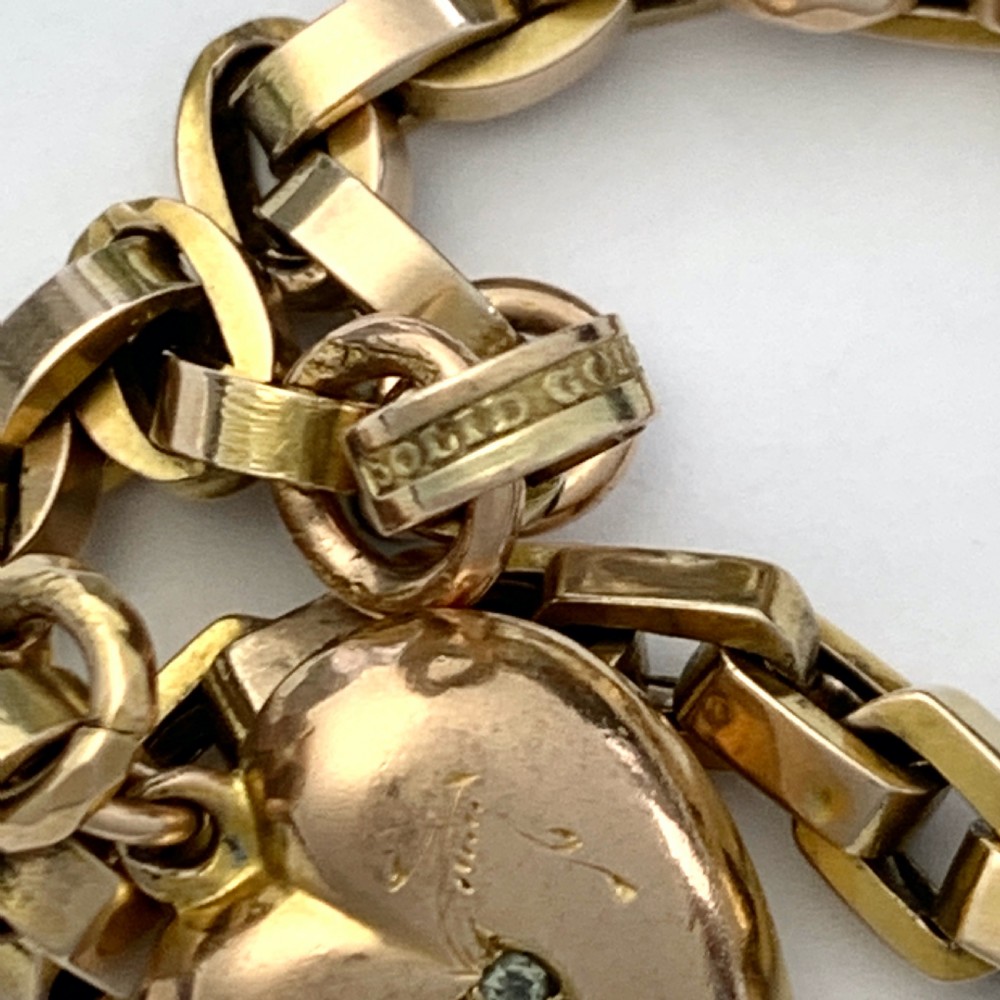 1896 Victorian 9CT Gold Puffy Heart Charm Bracelet with Dog Clip View VI