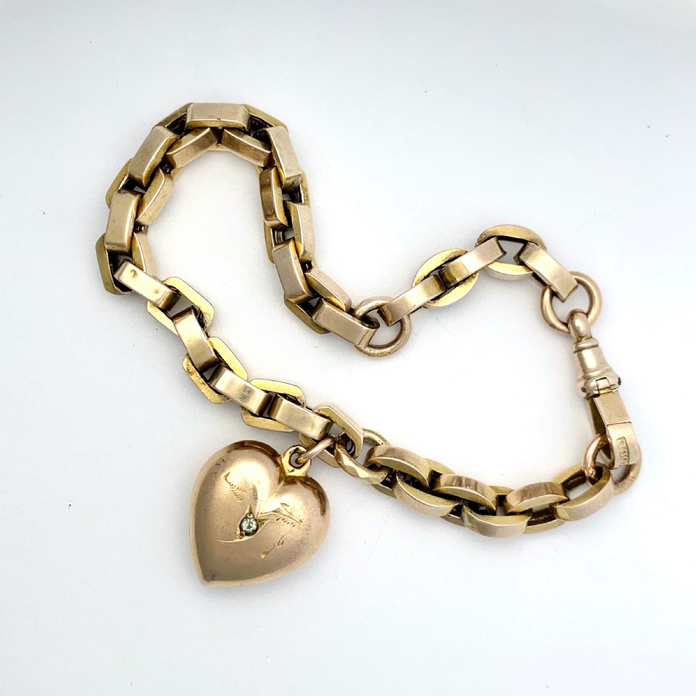 1896 Victorian 9CT Gold Puffy Heart Charm Bracelet with Dog Clip View VII