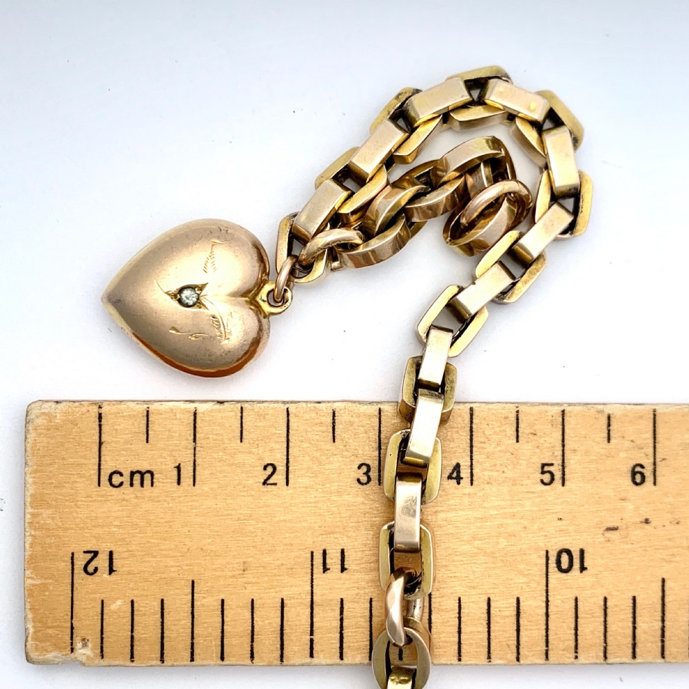 1896 Victorian 9CT Gold Puffy Heart Charm Bracelet with Dog Clip View VIII