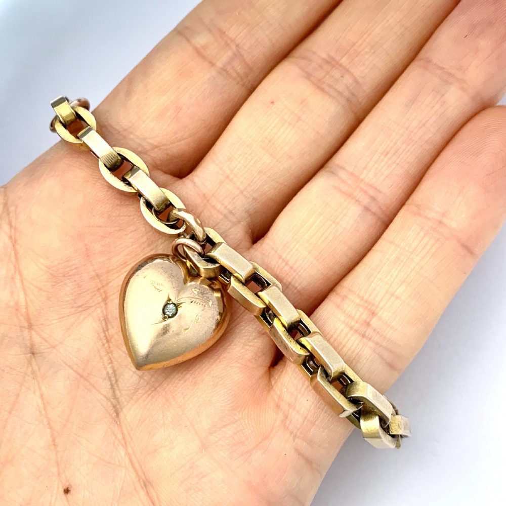 1896 Victorian 9CT Gold Puffy Heart Charm Bracelet with Dog Clip View IX