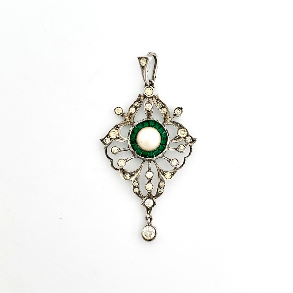 Victorian Cultured Pearl and Emerald Paste Silver Pendant