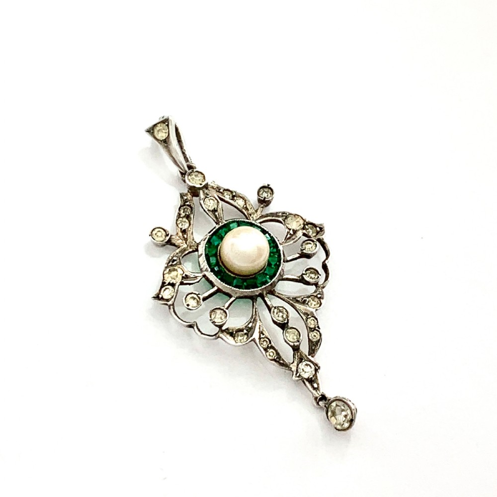 Victorian Cultured Pearl and Emerald Paste Silver Pendant View II