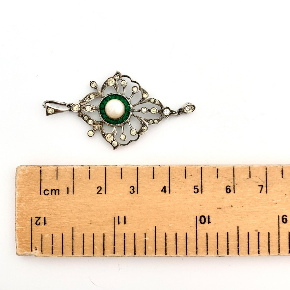 Victorian Cultured Pearl and Emerald Paste Silver Pendant View III