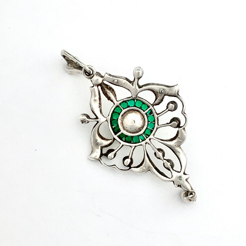 Victorian Cultured Pearl and Emerald Paste Silver Pendant View IV