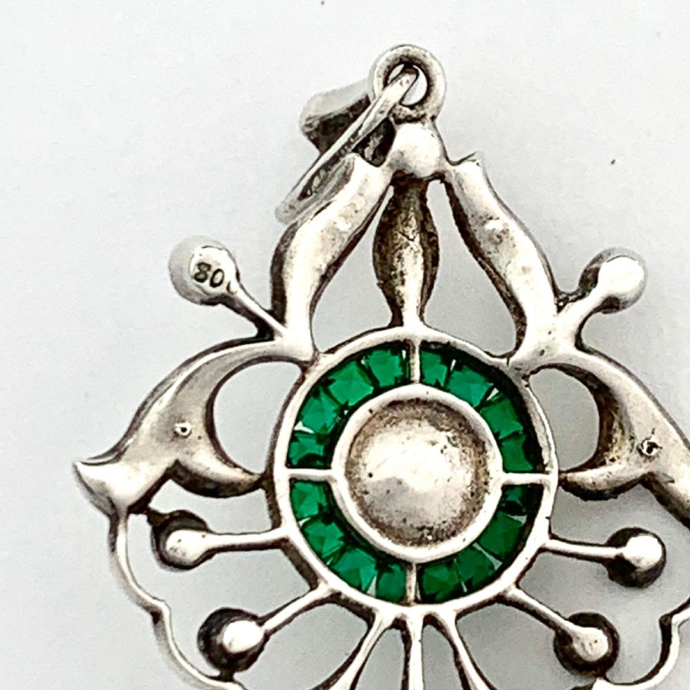 Victorian Cultured Pearl and Emerald Paste Silver Pendant View V