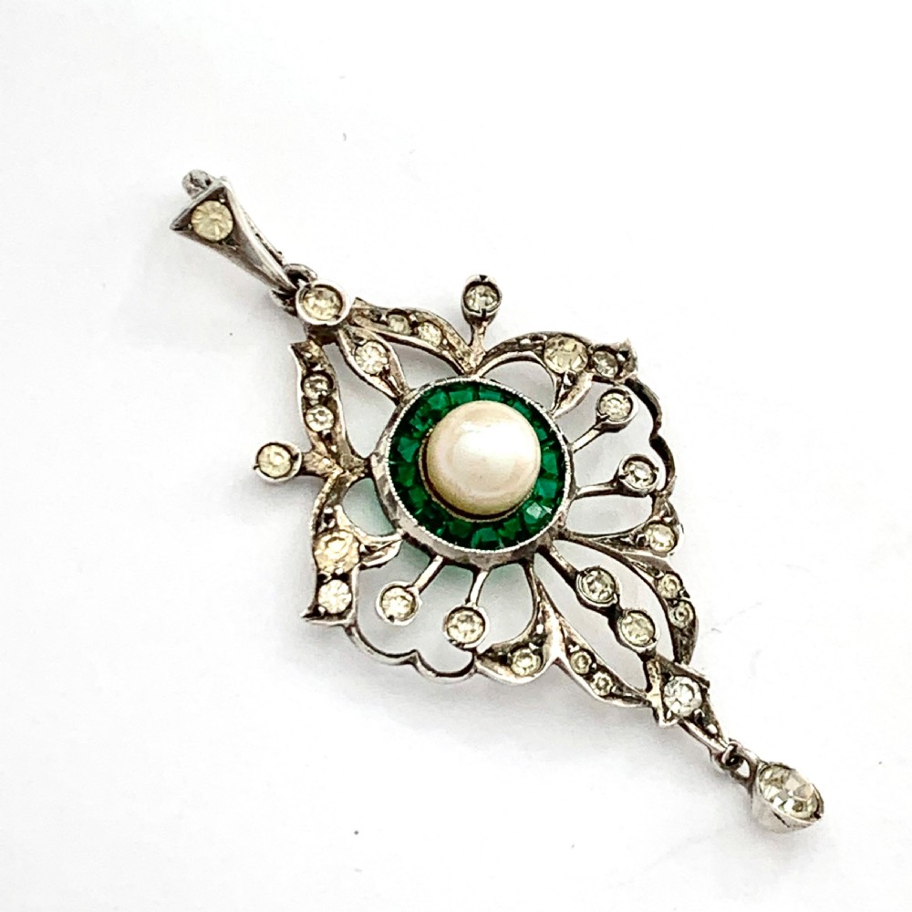Victorian Cultured Pearl and Emerald Paste Silver Pendant View VI