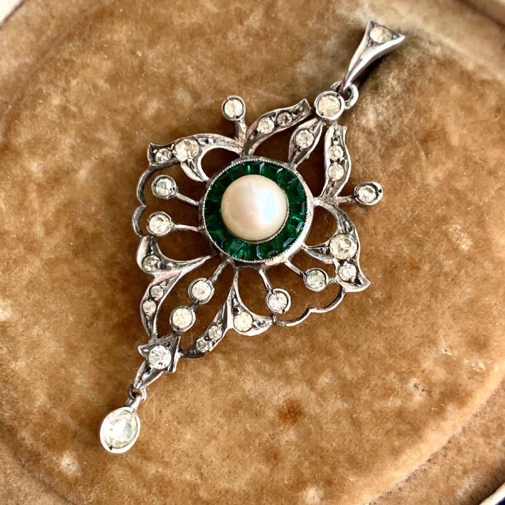 Victorian Cultured Pearl and Emerald Paste Silver Pendant View VII
