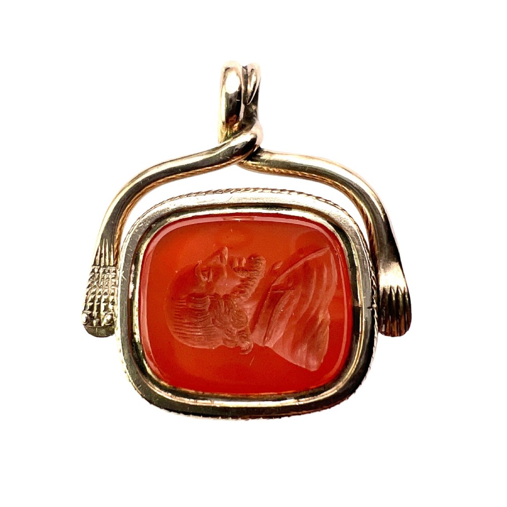 Antique Snake and Hand Gold Intaglio Carnelian Spinner Fob Pendant 