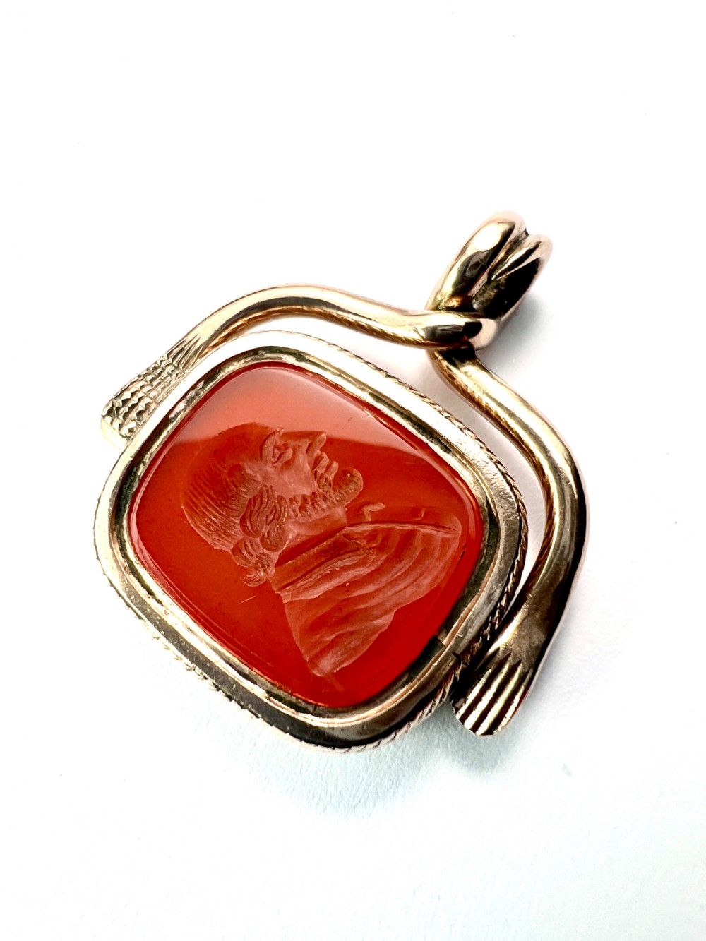 Antique Snake and Hand Gold Intaglio Carnelian Spinner Fob Pendant  View IV