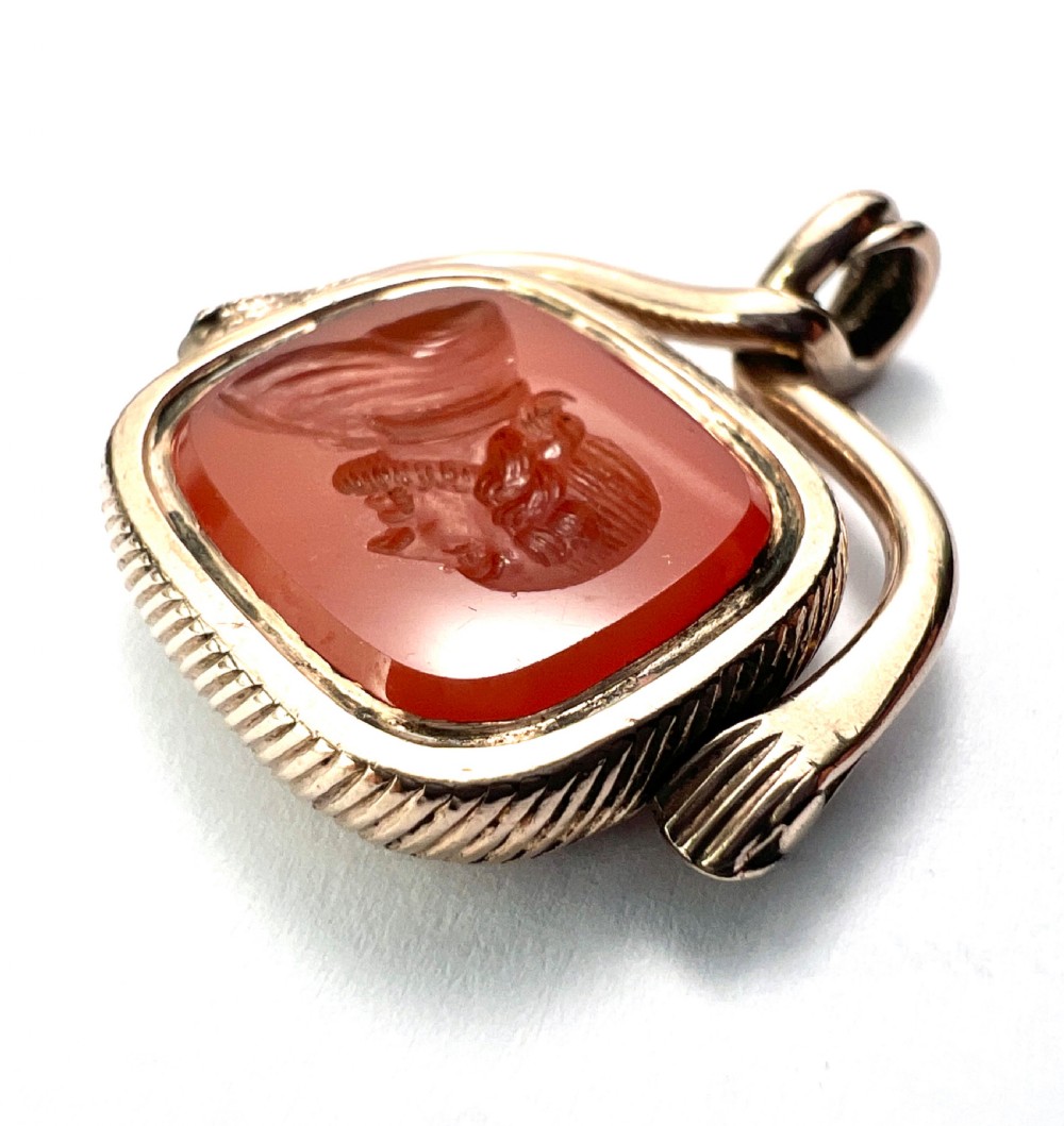 Antique Snake and Hand Gold Intaglio Carnelian Spinner Fob Pendant  View V